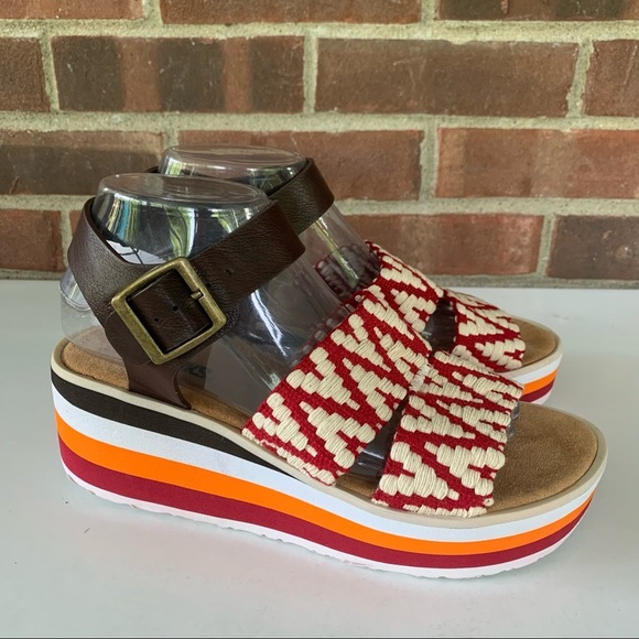 Muk Luks Shoes - Muk Luks Groove Music Red/Brown Open Toe Ankle Strap Platform Wedge Sandals